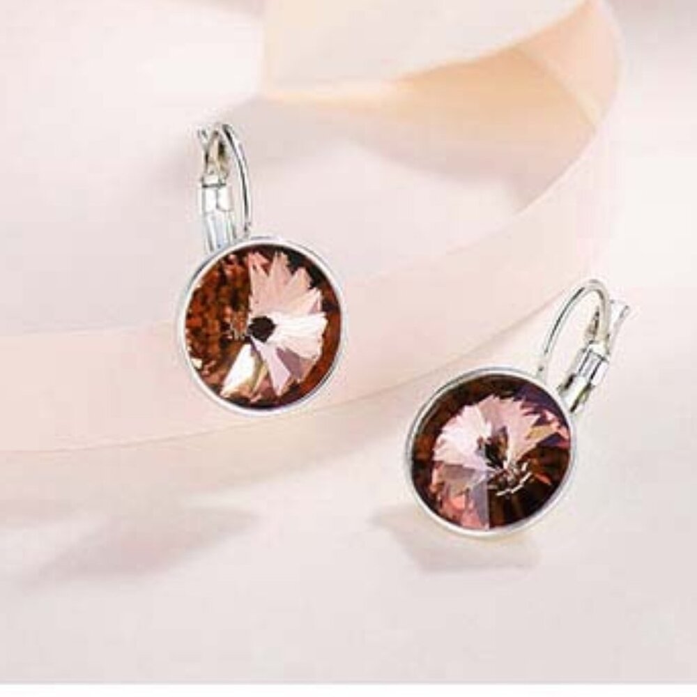 Silver Round Garnet Brown Diamond Crystal Drop Hoop Earrings Gorgeous Gift - Picture 4 of 6